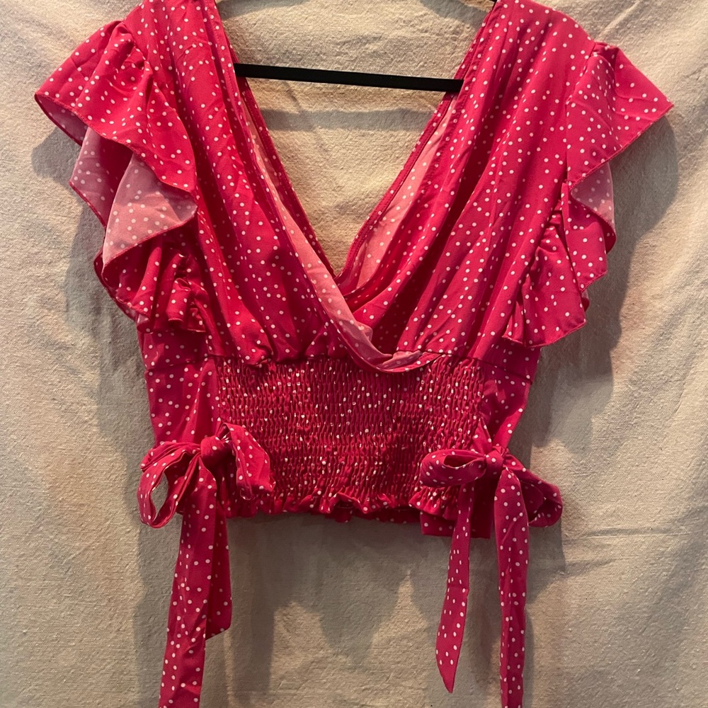 SHEIN Fuchsia Polka Dot Ruffle Blouse